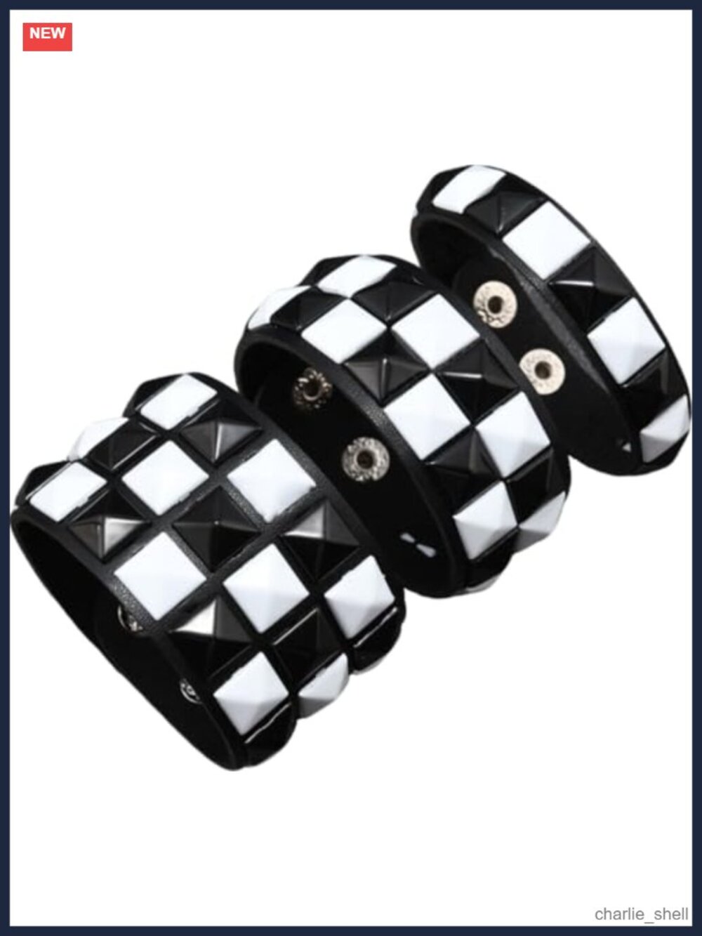 Punk Cuff Bracelet Set 3Pcs Checkered Faux Leather Studded Gothic Wristbands